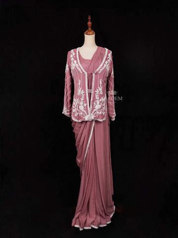 Peach Ready to Wear Saree with Plain Body with Over Coat and Blouse - Diadem