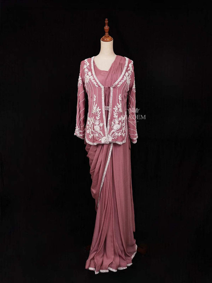 Peach Ready to Wear Saree with Plain Body with Over Coat and Blouse - Diadem