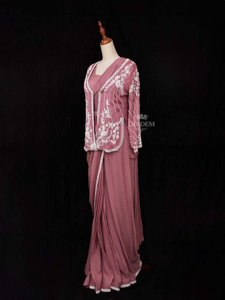 Peach Ready to Wear Saree with Plain Body with Over Coat and Blouse - Diadem