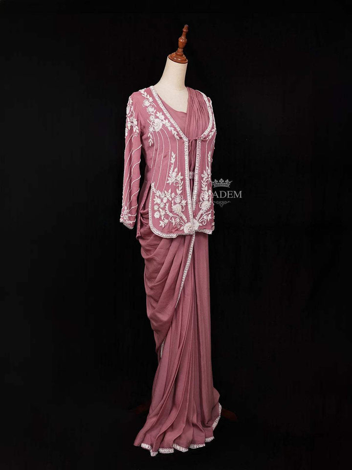 Peach Ready to Wear Saree with Plain Body with Over Coat and Blouse - Diadem