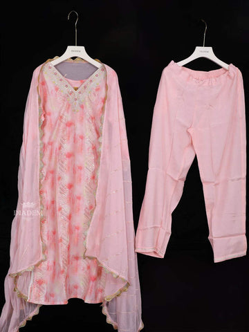 Light Pink Cotton Tie-Dye Straight-Cut Salwar Suit with Embroidery, Paired with Dupatta - Diadem