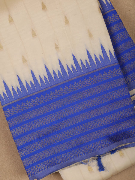 Ivory White with Blue Zari Border Fancy Kerala Cotton Saree - Diadem