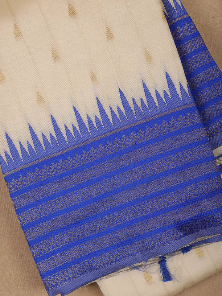 Ivory White with Blue Zari Border Fancy Kerala Cotton Saree - Diadem