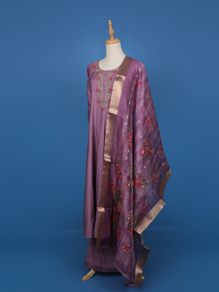 Light Purple Floral Designed Cotton Anarkali Salwar Suit - Diadem