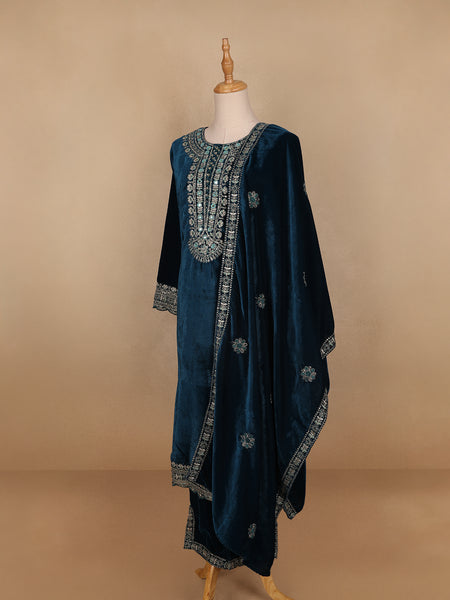 Blue Floral Designed Velvet Co Ord Salwar Suit - Diadem