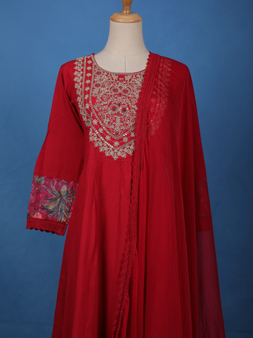Deep Red Floral Embroidered Cotton Salwar Suit - Diadem