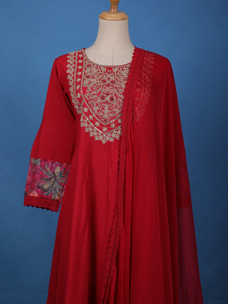 Deep Red Floral Embroidered Cotton Salwar Suit - Diadem
