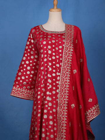 Cherry Red Sequins Embellished Banarasi Salwar Suit - Diadem