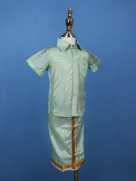 Mint Green Silk Dhoti With Matching Half Sleeve Shirt - Diadem