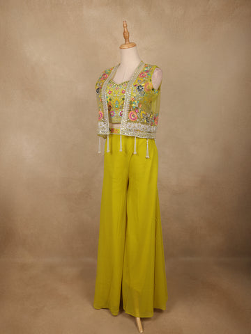 Lime Yellow Floral Sequins Embroidery Palazzo Suit - Diadem