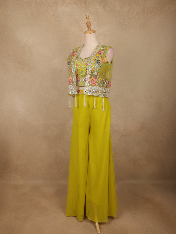 Lime Yellow Floral Sequins Embroidery Palazzo Suit - Diadem