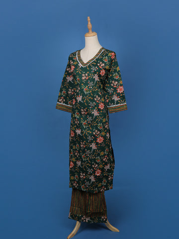 Dark Green Floral Designed Cotton Salwar Suit - Diadem