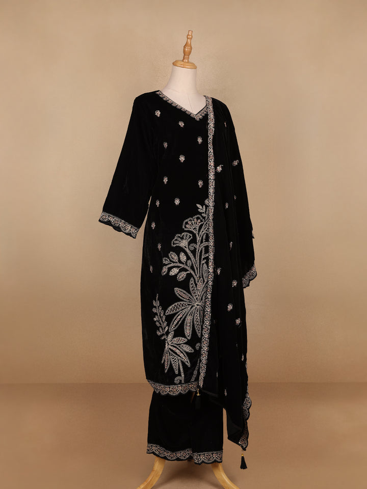 Black Floral Designed Velvet Co Ord Salwar Suit - Diadem