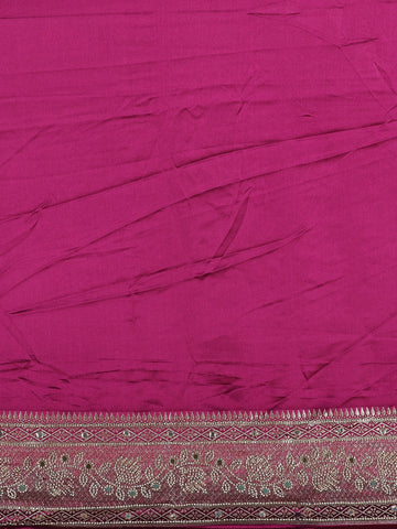 Wine Solid Design Satin Saree with Mirror Work & Heavy Zari Embroidered Border - Diadem