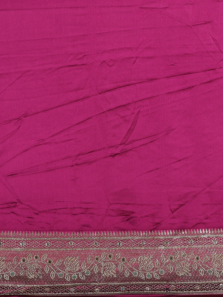 Wine Solid Design Satin Saree with Mirror Work & Heavy Zari Embroidered Border - Diadem