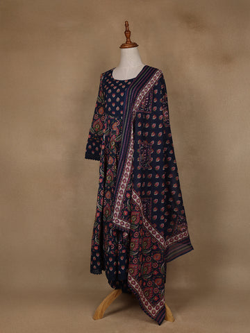 Navy Blue Floral Design Printed Cotton Salwar Suit - Diadem