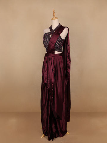 Dark Red Embroidery Satin Ready To Wear Saree with Designer Blouse - Diadem