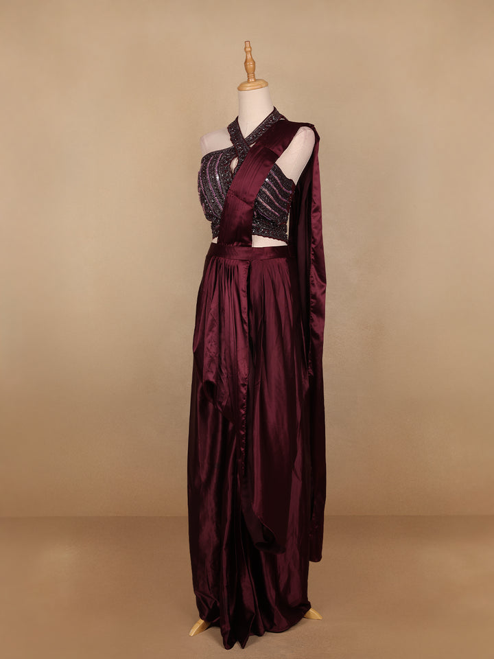 Dark Red Embroidery Satin Ready To Wear Saree with Designer Blouse - Diadem