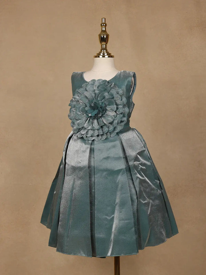 Teal Green Metallic Shine Party Frock with Oversized Glitter Floral Embellishment - Diadem
