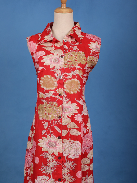 Red Floral Printed Chiffon Kurti - Diadem
