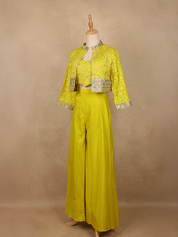 Mustard Yellow Floral Sequins Embroidery Palazzo Suit - Diadem
