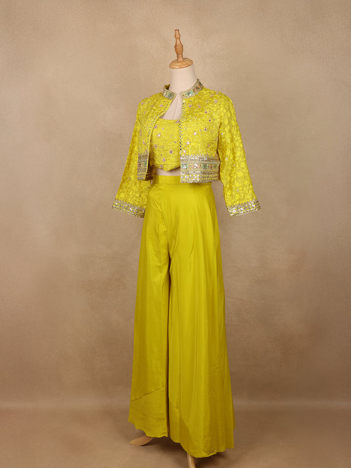 Mustard Yellow Floral Sequins Embroidery Palazzo Suit - Diadem