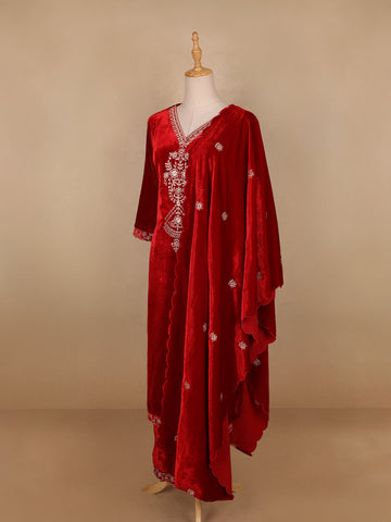 Red Floral Designed Velvet Co Ord Salwar Suit - Diadem