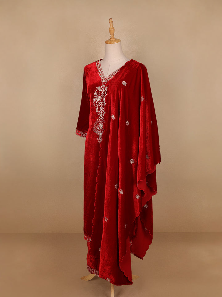 Red Floral Designed Velvet Co Ord Salwar Suit - Diadem