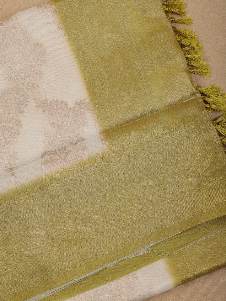 Ivory White with Yellow Shaded Border Fancy Kerala Silk Saree - Diadem