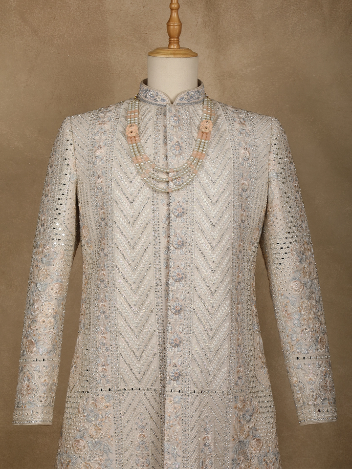 Cream Floral Embroidered Cotton Sherwani Suit - Diadem