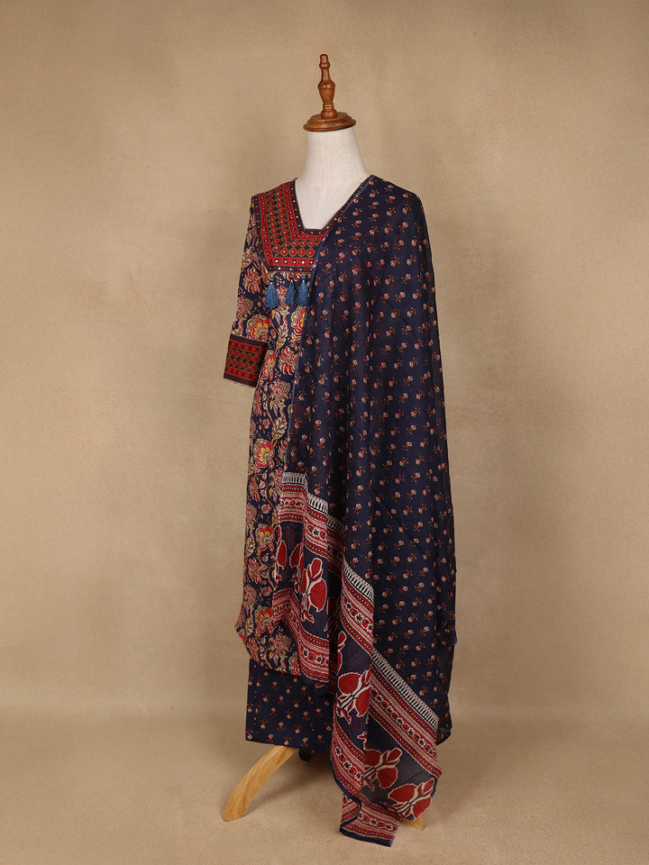 Navy Blue Floral Design Printed Cotton Salwar Suit - Diadem