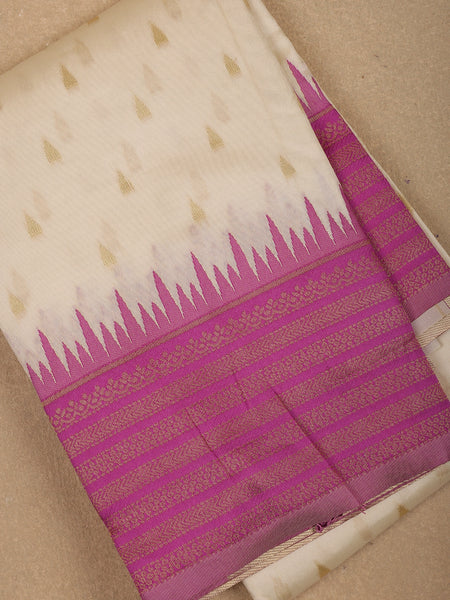 Ivory White with Pink Zari Border Fancy Kerala Cotton Saree - Diadem