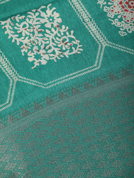 Teal Green Floral hexagonal Printed Cotton Saree - Diadem