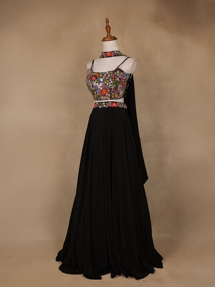 Black Floral Embroidered Satin Lehenga - Diadem