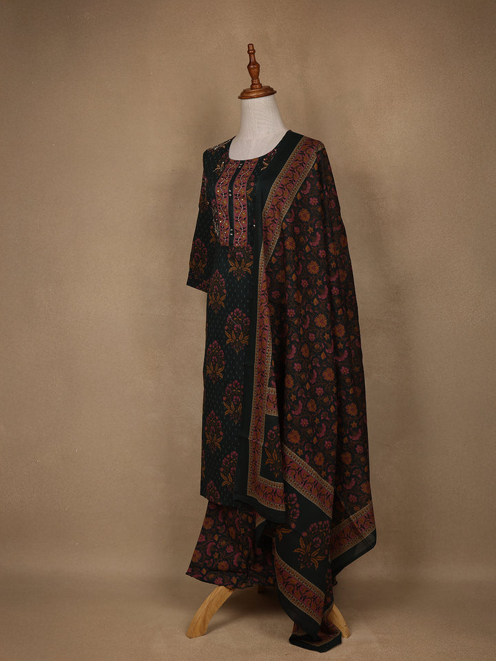 Green Floral Design Printed Cotton Salwar Suit - Diadem