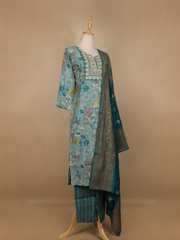 Green Floral Printed Cotton Salwar Suit - Diadem