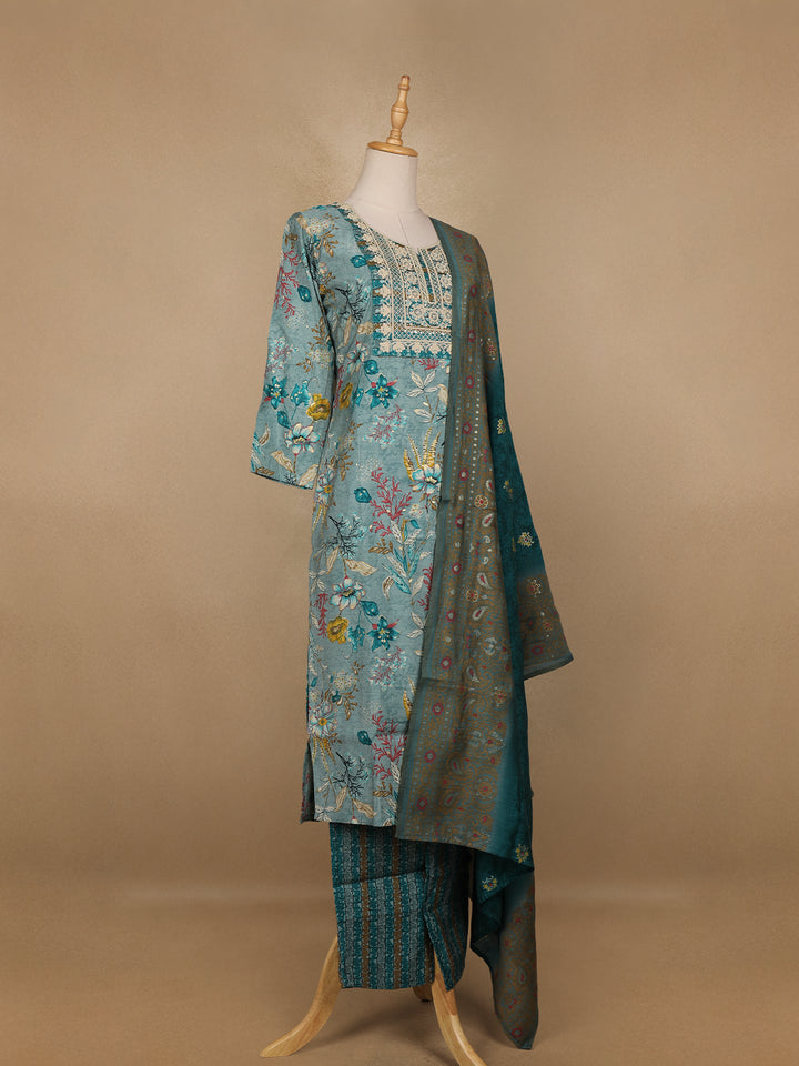 Green Floral Printed Cotton Salwar Suit - Diadem