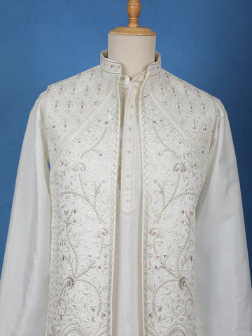 White Floral Embroidered Polyester Sherwani Suit - Diadem