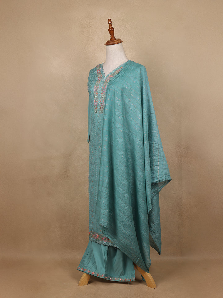 Light Blue Sequins Floral Design Cotton Salwar Suit - Diadem