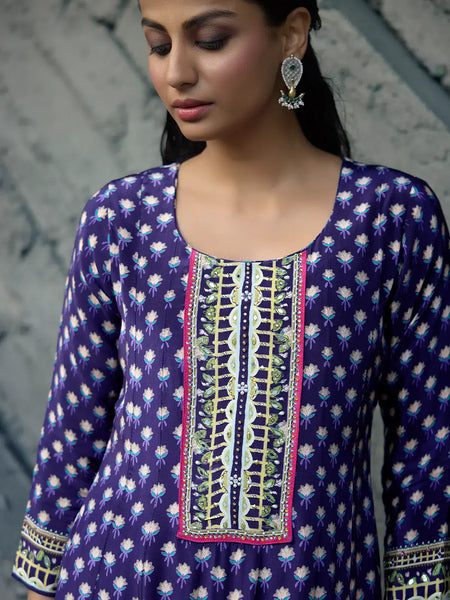 Navy Blue Floral Printed Synthetic Salwar Suit - Diadem