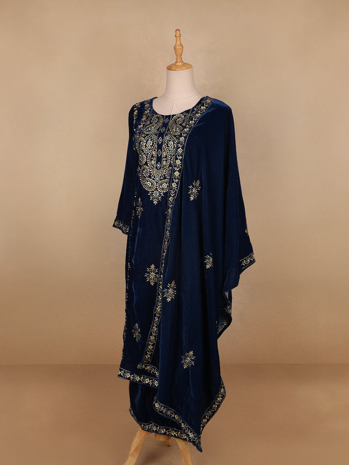 Blue Floral Designed Velvet Co Ord Salwar Suit - Diadem