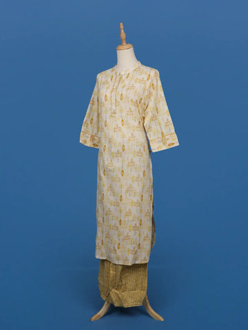 Beige & Mustard Leaf Printed Cotton Salwar Suit - Diadem