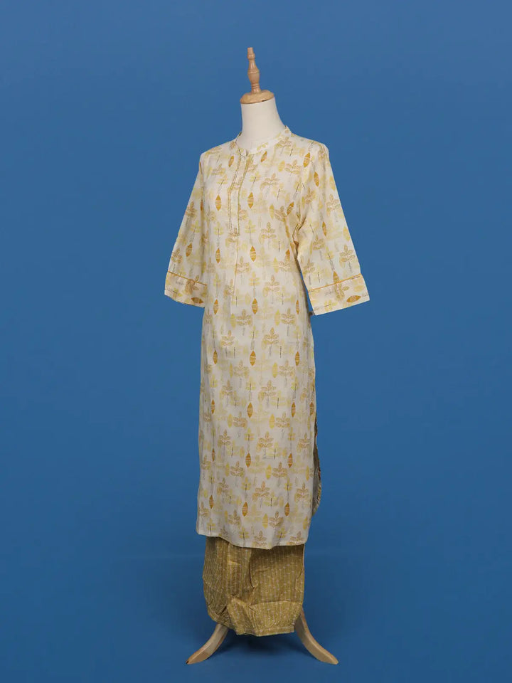 Beige & Mustard Leaf Printed Cotton Salwar Suit - Diadem