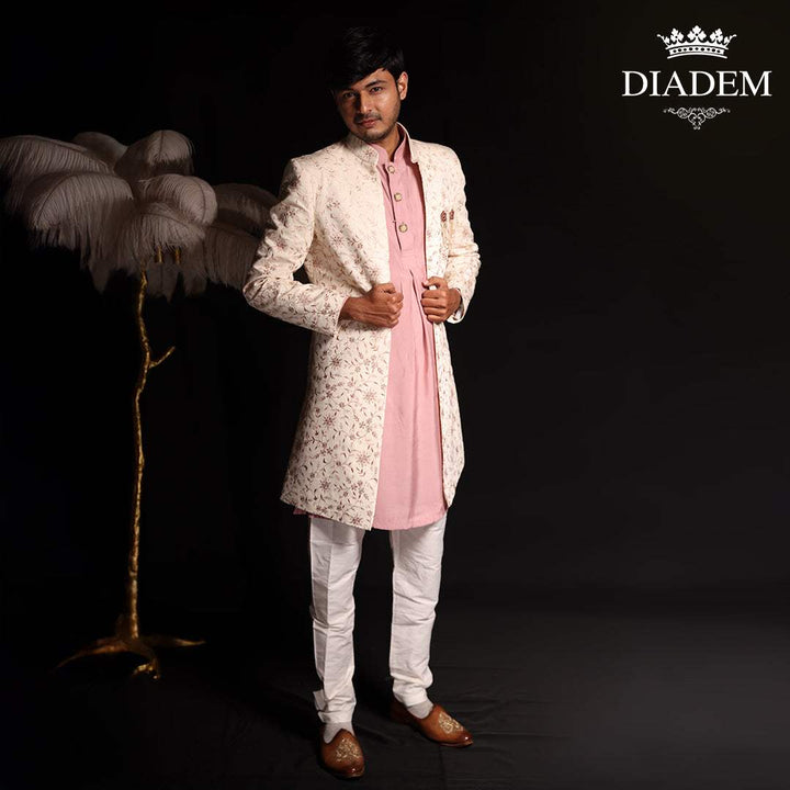 Cream Raw Silk Floral Designed Sherwani Suit - Diadem