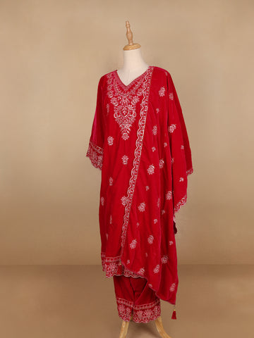 Red Floral Designed Velvet Co Ord Salwar Suit - Diadem