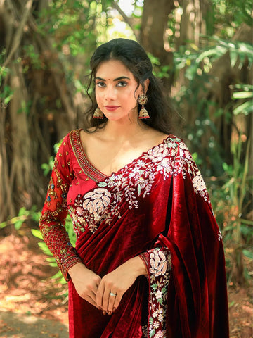 Dark Red Floral Embroidered Velvet Designer Saree - Diadem