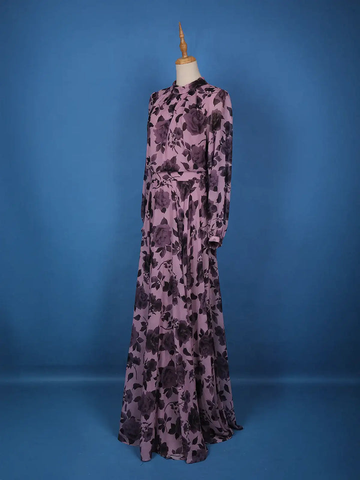 Purple Floral Design Chiffon Partywear Gown - Diadem
