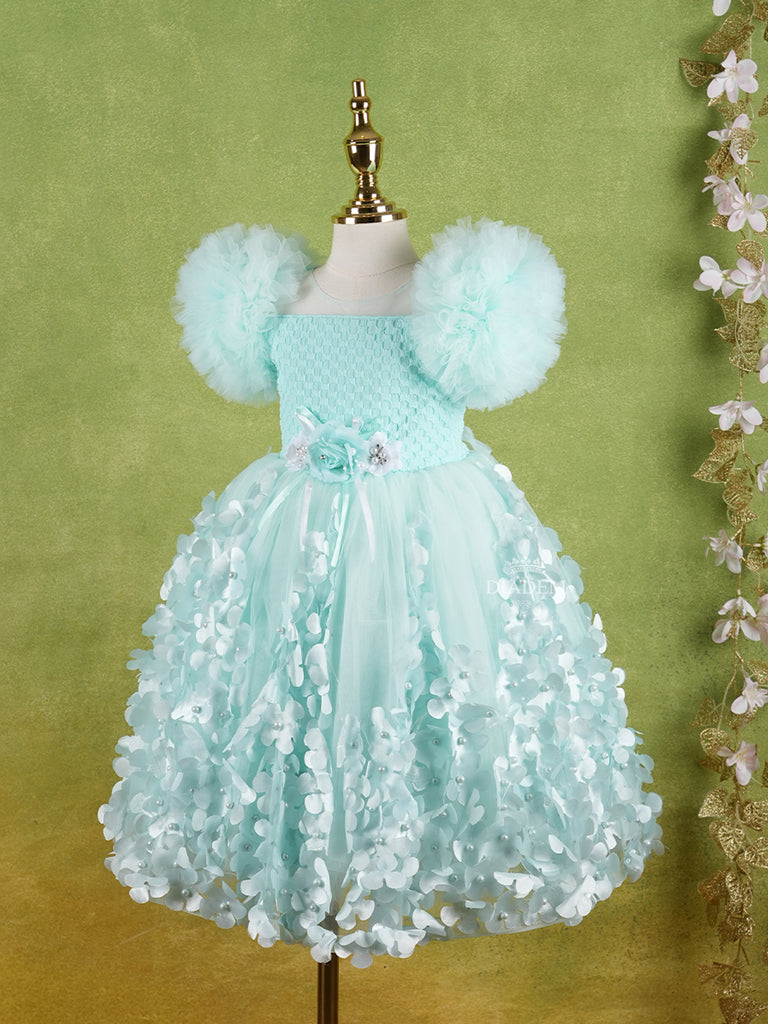 3D Flowers Sky Blue Net Gown