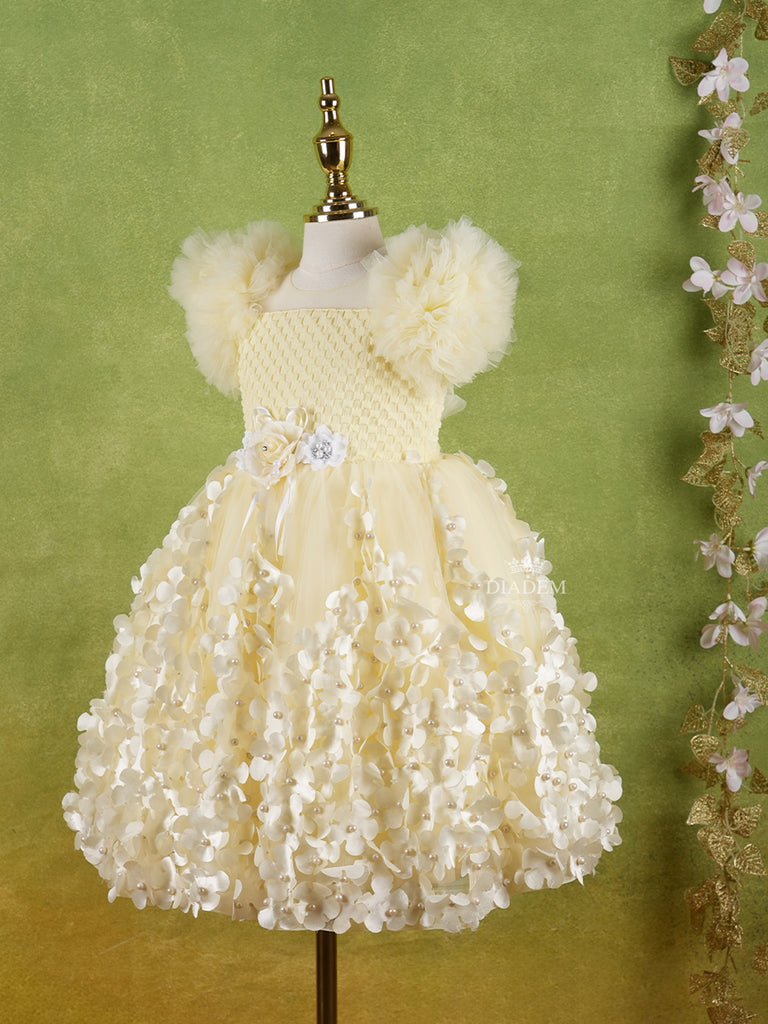 3D Flowers Yellow Net Gown Illusion