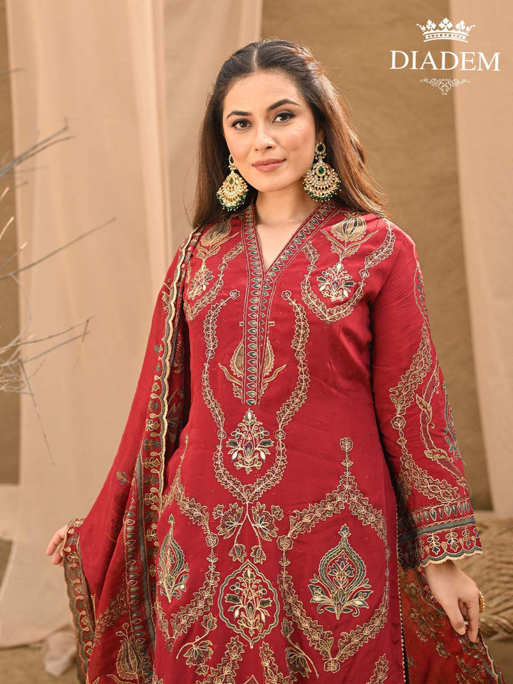 Dark Red Floral Embroidered Crepe Palazzo Salwar Suit - Diadem